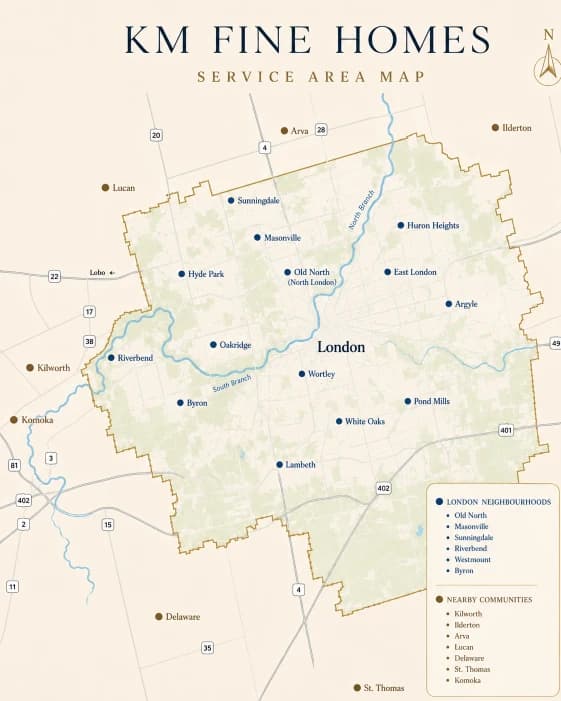 Map of the KM Fine Homes service area covering London, Ontario and surrounding communities
